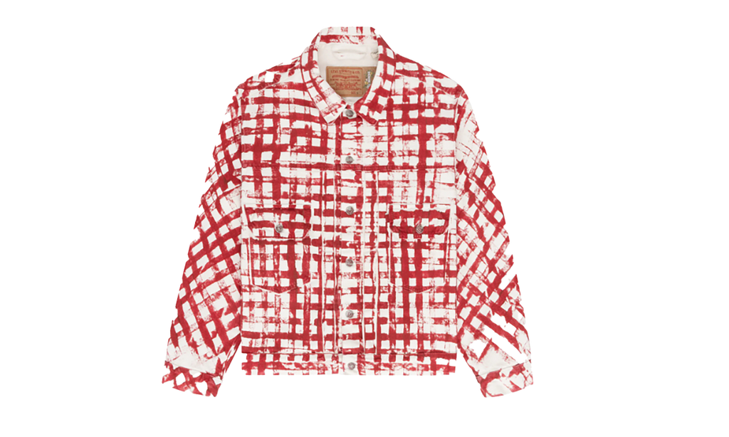 Hand Painted Picnic Plaid Trucker Jacket "Red / White" DT224