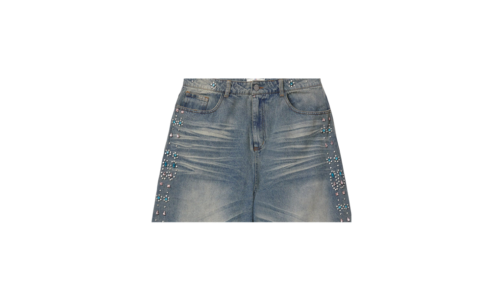 Colored Jeweled Stripe Denim Shorts "Blue" VX94A12L