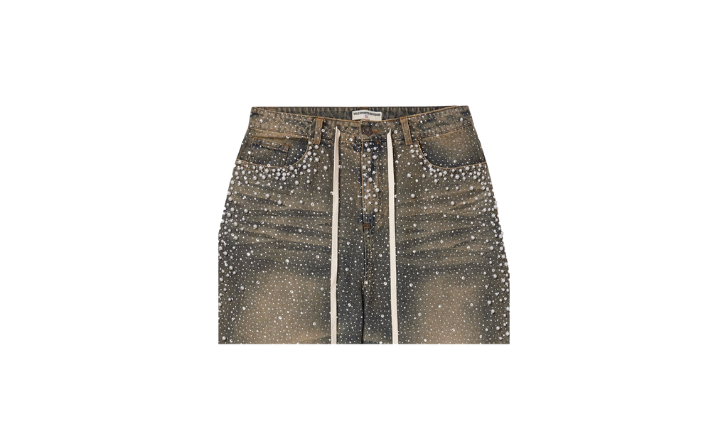 Jeweled Pearl Rainstorm Denim Shorts "Mid Wash" 54UTMQSN