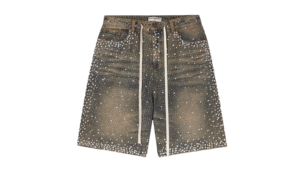 Jeweled Pearl Rainstorm Denim Shorts "Mid Wash" 54UTMQSN