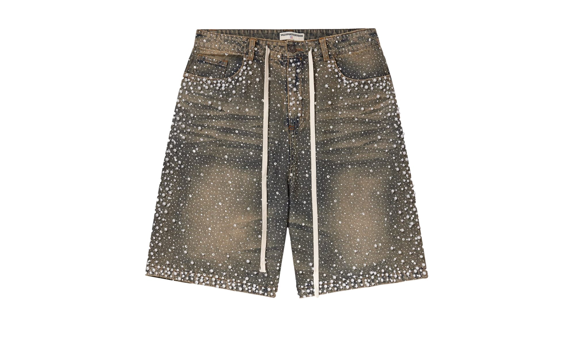 Jeweled Pearl Rainstorm Denim Shorts "Mid Wash" 54UTMQSN